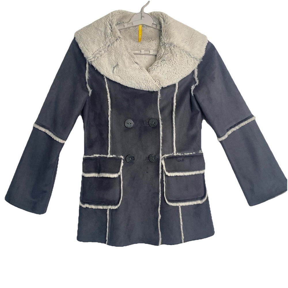Lole Grey Faux Suede Shearling Lined Double‎ Breasted Coat Jacket Womens SZ S